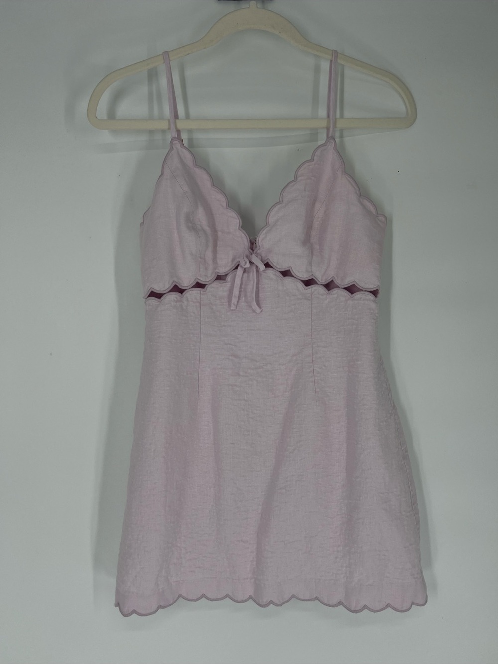 LoveShackFancy 100% Linen Light Purple Cut Out Scalloped Cocktail Mini Dress 4
